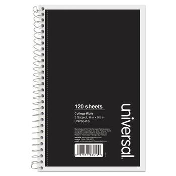 Universal 3-Subject Wirebound Notebook, Medium/College Ruled, 9.5&quot; x 6&quot;, White Paper, Black Cover, 120 Sheets
