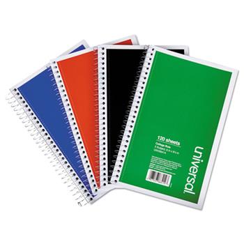 Universal 3 Subject Wirebound Notebook, Medium/College Ruled,9.5&quot; x 6&quot;, White Paper, Assorted Covers, 120 Sheets/Notebook, 4 Notebooks/Pack