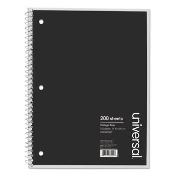 Universal 5 Subject Wirebound Notebook, Medium/College Ruled, 8.5&quot; x 11&quot;, White Paper Black Cover, 200 Sheets