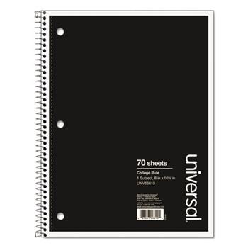 Universal Wirebound Notebook, Medium/College Ruled, 10.5&quot; x 8&quot;, White Paper, Black Cover, 70 Sheets