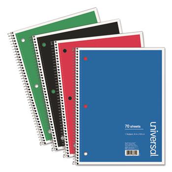 Universal Wirebound Notebook, Medium/College Ruled, 10.5&quot; x 8&quot;, White Paper, Assorted Covers, 70 Sheets/Notebook, 4 Notebooks/Pack