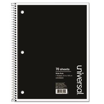 Universal Wirebound Notebook, Wide Ruled, 10.5&quot; x 8&quot;, White Paper, Black Cover, 70 Sheets