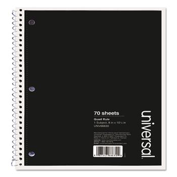 Universal Wirebound Notebook, Quadrille Ruled,10.5&quot; x 8&quot;, White Paper, Black Cover, 70 Sheets