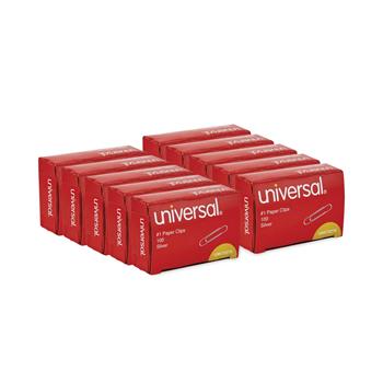 Universal Paper Clips, #1, Smooth, Silver, 100 Clips/Box, 10 Boxes/Pack