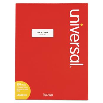 Universal White Labels, Inkjet/Laser Printers, 1 x 2.63, White, 30/Sheet, 250 Sheets/Pack