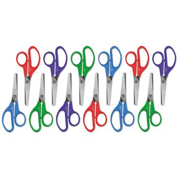 Universal Kids&#39; Scissors, Rounded Tip, 5&quot; Long, 1.75&quot; Cut Length, Assorted Straight Handles, 12/Pack