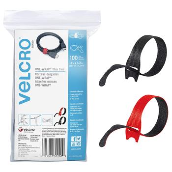 VELCRO Brand ONE-WRAP Ties and Straps, 0.5&quot; x 8&quot;, Black;Red, 100/Pack