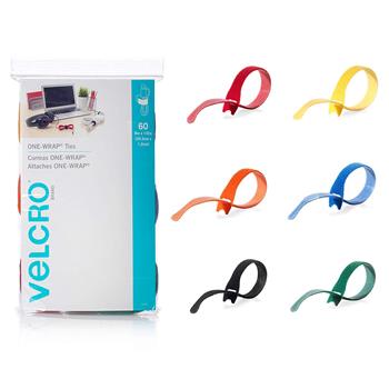 VELCRO Brand ONE-WRAP Ties and Straps, 0.5&quot; x 8&quot;, Assorted Colors, 60/Pack