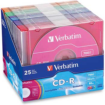 Verbatim CD-R Discs, 700MB/80min, 52x, Slim Jewel Cases, Assorted Colors, 25/Pack