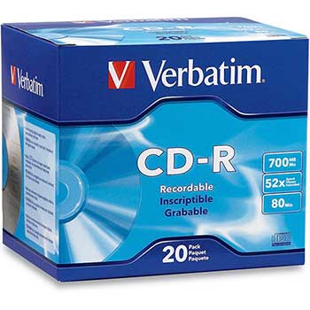 Verbatim CD-R Discs, 700MB/80min, 52x, w/Slim Jewel Cases, Silver, 20/Pack