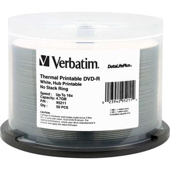 Verbatim DVD-R 4.7GB 16X DataLifePlus White Thermal Printable, Hub Printable, 50/PK