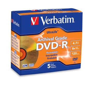 Verbatim DVD-R 4.7GB 16X UltraLife Gold Archival Grade with Branded Surface and Hard Coat, 5/PK