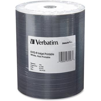 Verbatim DVD-R 4.7GB 16X DataLifePlus White Inkjet Printable, Hub Printable, 100/PK