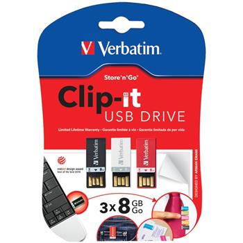 Verbatim Clip-It USB 2.0 Flash Drive, 8 GB, Black/White/Red, 3/PK