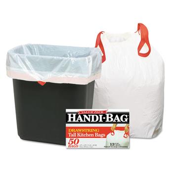 Handi-Bag Tall Drawstring Kitchen Bags, 13 gal, 0.6 mil, 24 x 27 2/5, White, 50/Box, 6 Boxes/Carton