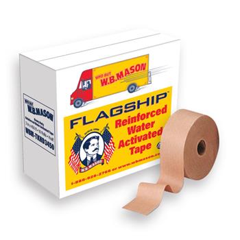 Flagship Reinforced Water Activated Tape, 2.75 in x 375 ft, Light Duty, Kraft, 8 Rolls/Case