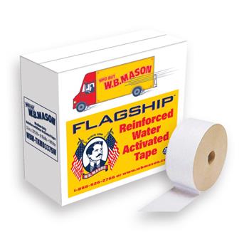 Flagship Reinforced Water Activated Tape, 3 in x 375 ft, Medium Duty, White, 8 Rolls/Case