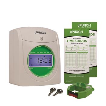 uPunch Electronic Time Clock Bundle, 100 cards, 1 Ribbon, 1 Rack, 2 Keys, White/Green, 102/EA