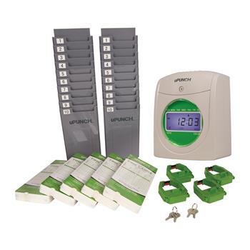 uPunch Auto Align Time Clock Bundle, 250 Time Cards, 4 Ribbons, 2 Racks, White/Green, 256/EA
