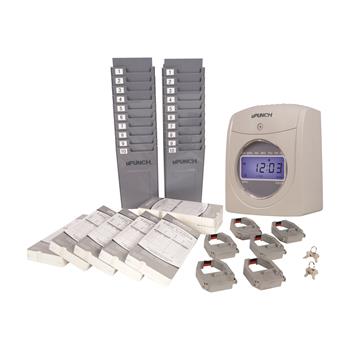 uPunch Auto Align Time Clock Bundle, 350 Time Cards, 6 Ribbons, 2 Racks, White/Green, 358/EA