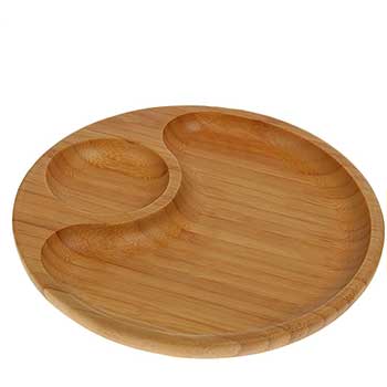 Wilmax Platter, 2-Section, 8&quot; dia., Round, Natural Bamboo, 6/PK