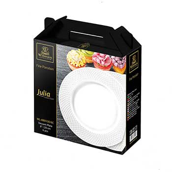 Wilmax Julia Dessert Plate Set, 8&quot; dia., Round, Embossed, Rolled Rim, Fully Vitrified, Fine Porcelain, White, 6/ST