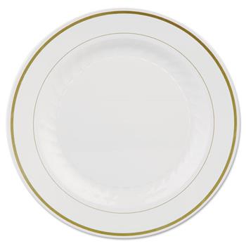 WNA Masterpiece Round Plates, Heavyweight, Plastic, 10 1/4&quot;, Ivory with Gold Accents, 120 Plates/Carton