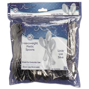 WNA Reflections Spoons, Heavy Weight, Plastic, 6-1/4&quot; L, Silver, 40 Spoons/Pack, 8 Packs/Carton