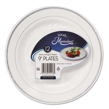 WNA Masterpiece Plastic Plates, 9 in, White w/Silver Accents, Round, 120/Carton