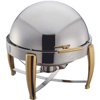 Winco Virtuoso 6qt Round Chafer, Roll-top, S/S, Gold Accent, Extra Heavyweight