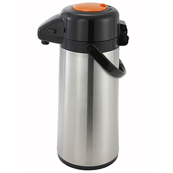 Winco 2.2 Liter Glass Lined Airpot with Push Button Top, Stainless Steel Body, Decaf