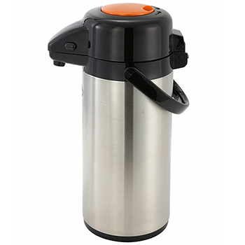 Winco 2.5 Liter Stainless Steel Lined Airpot with Push Button Top, Stainless Steel Body, Decaf