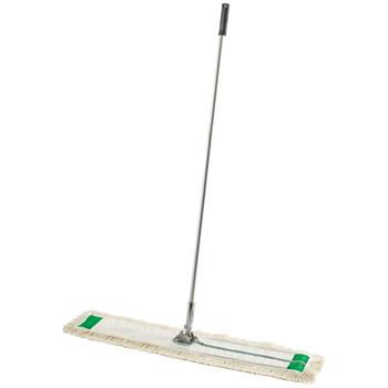 Winco Dust Mop Head With Frame and Handle Set, 36&quot; Mop, 60&quot; Handle, Silver/Black Frame, Green/White Mop