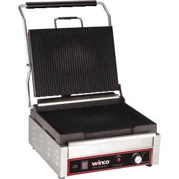 Winco Panini Grill, Single, 14&quot; Ribbed Plate with Cleaning Brush, 120V