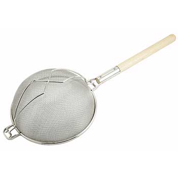 Winco 12&quot; Double Mesh Strainer, Reinforced, Round Hdl, Tin