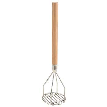 Winco Potato Masher, Round, 4&quot; x 18&quot;, Wooden Hdl, Chrome Plated