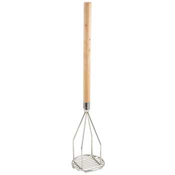 Winco Potato Masher, Round, 5&quot; x 24-1/2&quot;, Wooden Hdl, Chrome Plated