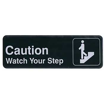 Winco Information Sign, &quot;Caution Watch Your Step&quot;, 3&quot; x 9&quot;, Black