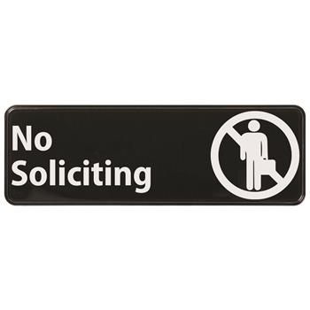 Winco Information Sign, No Soliciting, 9&quot; W x 3&quot; H, Black/White