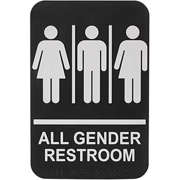 Winco Information Sign, All Gender Restroom, 6&quot; x 9&quot;, Braille, Black