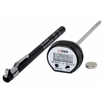 Winco Digital Thermometer, 15/16&quot; LCD Dial Face, 4 3/4&quot; Probe Length, Black