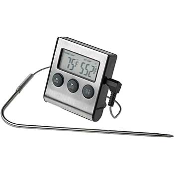 Winco Digital Roasting Thermometer With Timer,  -58&#176;F to 572&#186;F, 1 7/8&quot; Dial Face, 6&quot; Probe Length, Silver/Black