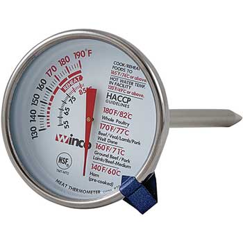 Winco Meat Thermometer, 130&#176;F to 190&#176;F,  2&quot; Dial Face, 5&quot; Probe Length, Silver