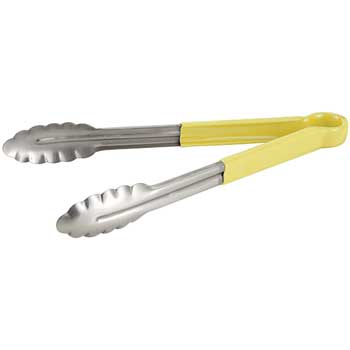 Winco Utility Tongs, 12&quot;, Polypropylene Handle, Stainless Steel, Yellow