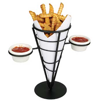 Winco Single Cone French Fry Holder, Holds 2 Ramekins, Metal Wire, Black