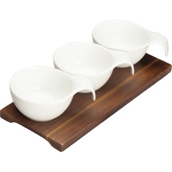 Winco Newry™ Durable White Porcelain Trio Bowl Set with Wooden Plate, 9 3/8&quot; x 4&quot;, 24 /CS
