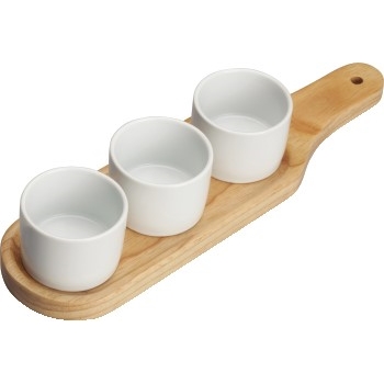Winco Newry™ Durable White Porcelain Trio Bowl Set with Wooden Plate, 11 5/8&quot; x 3 1/8&quot;, 24 /CS