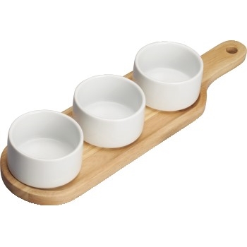 Winco Newry™ Durable White Porcelain Trio Bowl Set with Wooden Plate, 15 1/4&quot; x 4 1/8&quot;, 12 /CS