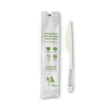 World Centric Individually Wrapped Compostable Knives, Compostable Plastic, 6.7&quot; L, White, 750 Knives/Carton