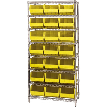 W.B. Mason Co. Wire Shelving Unit with (21) Bins, 8 Shelf, 36&quot; x 18&quot; x 74&quot;, Yellow